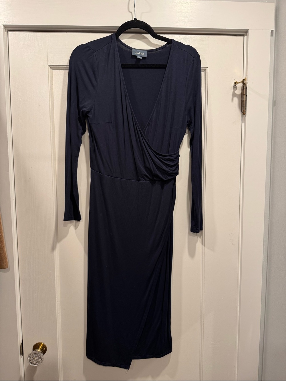 ModCloth Navy Blue Knit On The Town Faux Wrap Midi Dress Large Fall Office Work - Picture 2 of 9